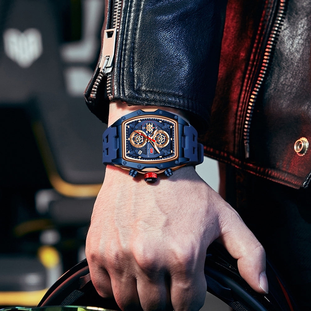 Mini Focus MF0473G.02 Tonneau Shaped Blue Skeleton Chronograph Watch for Men with Date display