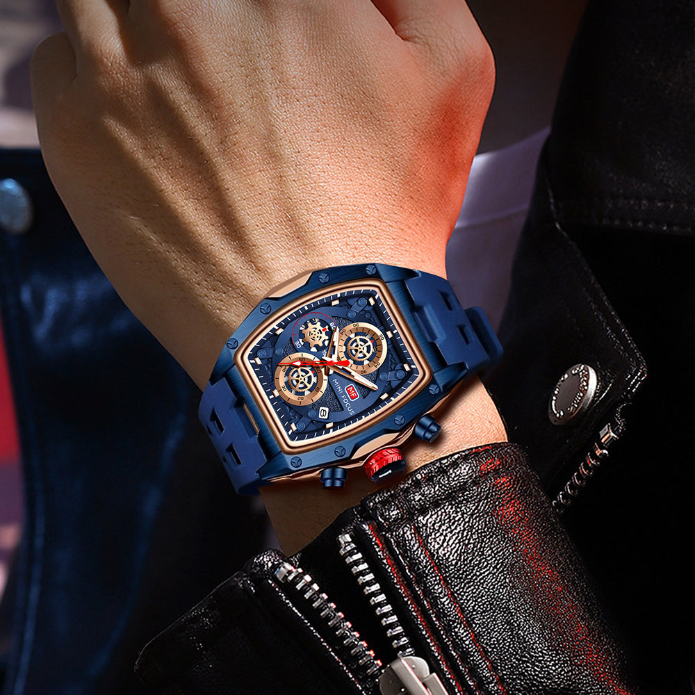 Mini Focus MF0473G.02 Tonneau Shaped Blue Skeleton Chronograph Watch for Men with Date display