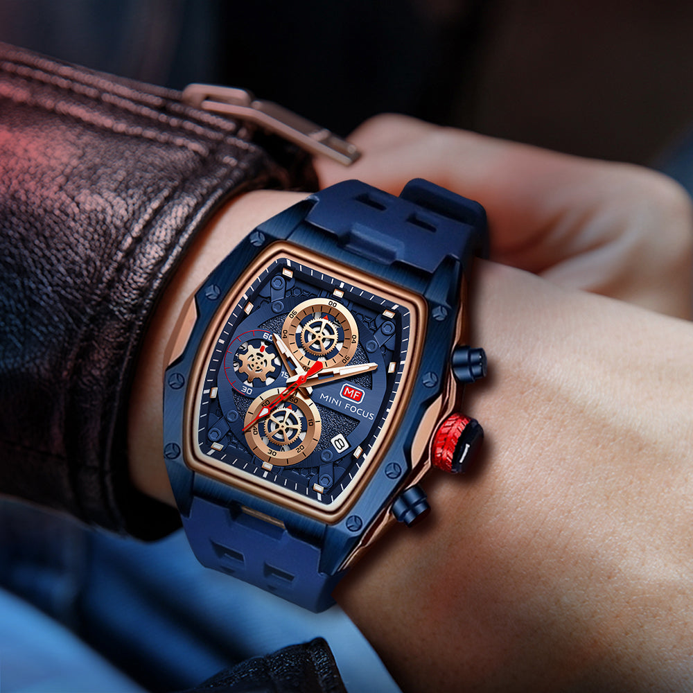 Mini Focus MF0473G.02 Tonneau Shaped Blue Skeleton Chronograph Watch for Men with Date display