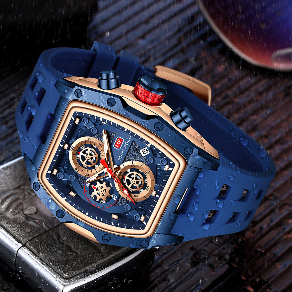 Mini Focus MF0473G.02 Tonneau Shaped Blue Skeleton Chronograph Watch for Men with Date display