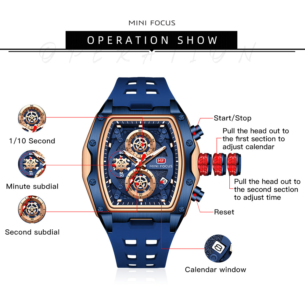 Mini Focus MF0473G.02 Tonneau Shaped Blue Skeleton Chronograph Watch for Men with Date display