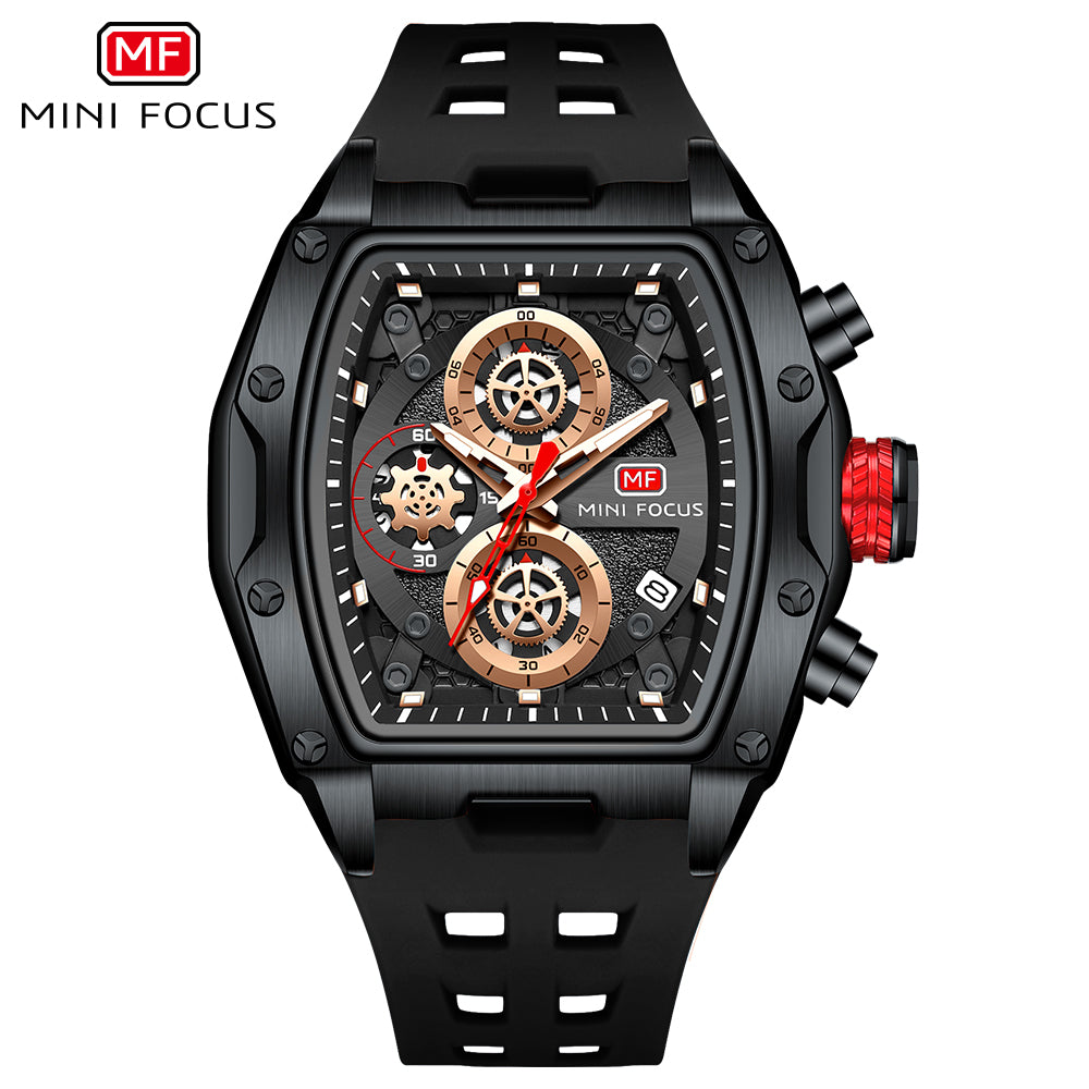 Mini Focus MF0473G.05 Tonneau Shaped Black Skeleton Chronograph Watch for Men with Date display
