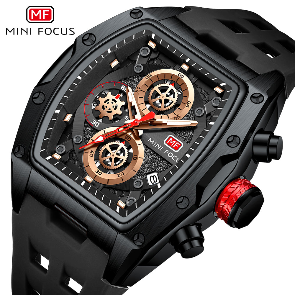 Mini Focus MF0473G.05 Tonneau Shaped Black Skeleton Chronograph Watch for Men with Date display