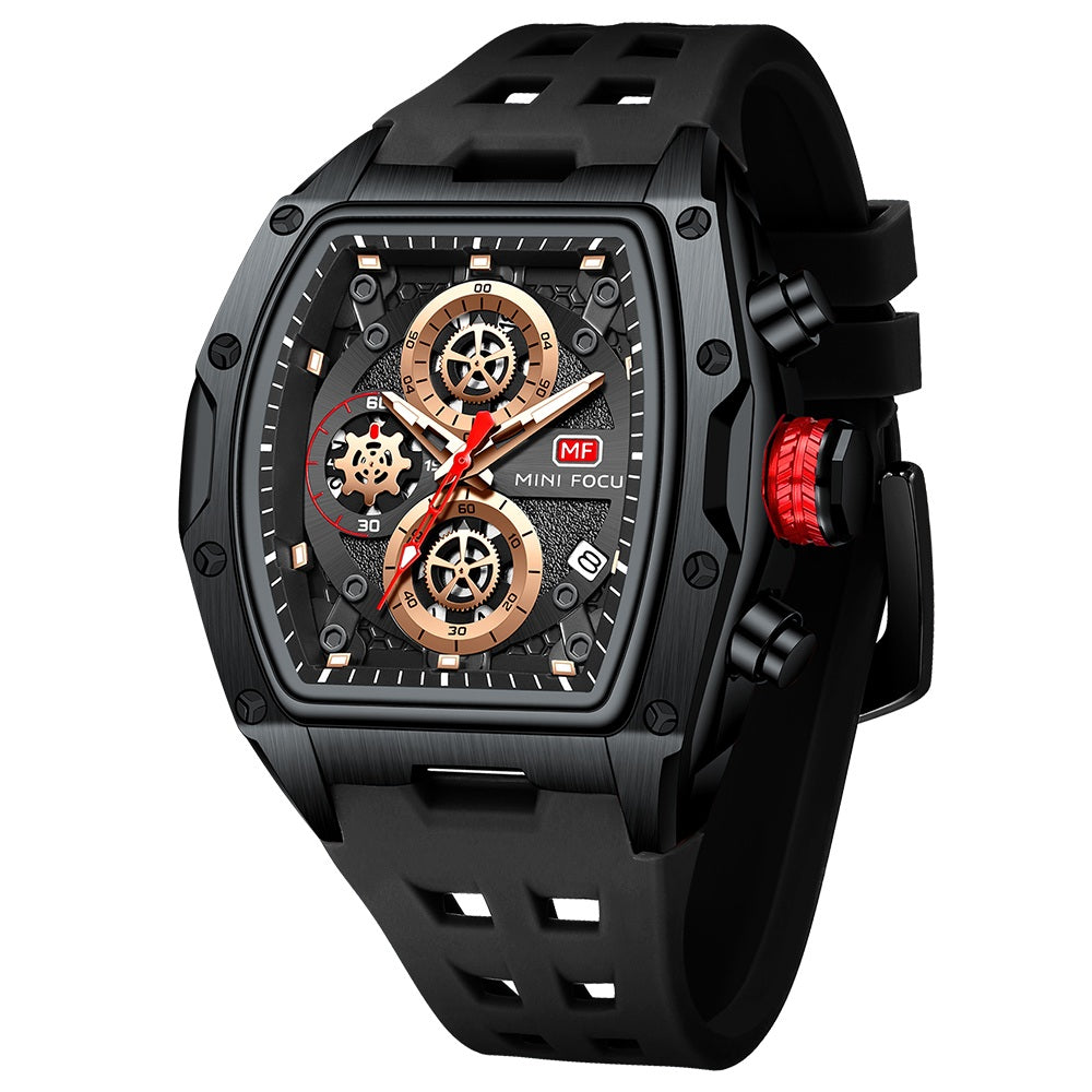Mini Focus MF0473G.05 Tonneau Shaped Black Skeleton Chronograph Watch for Men with Date display