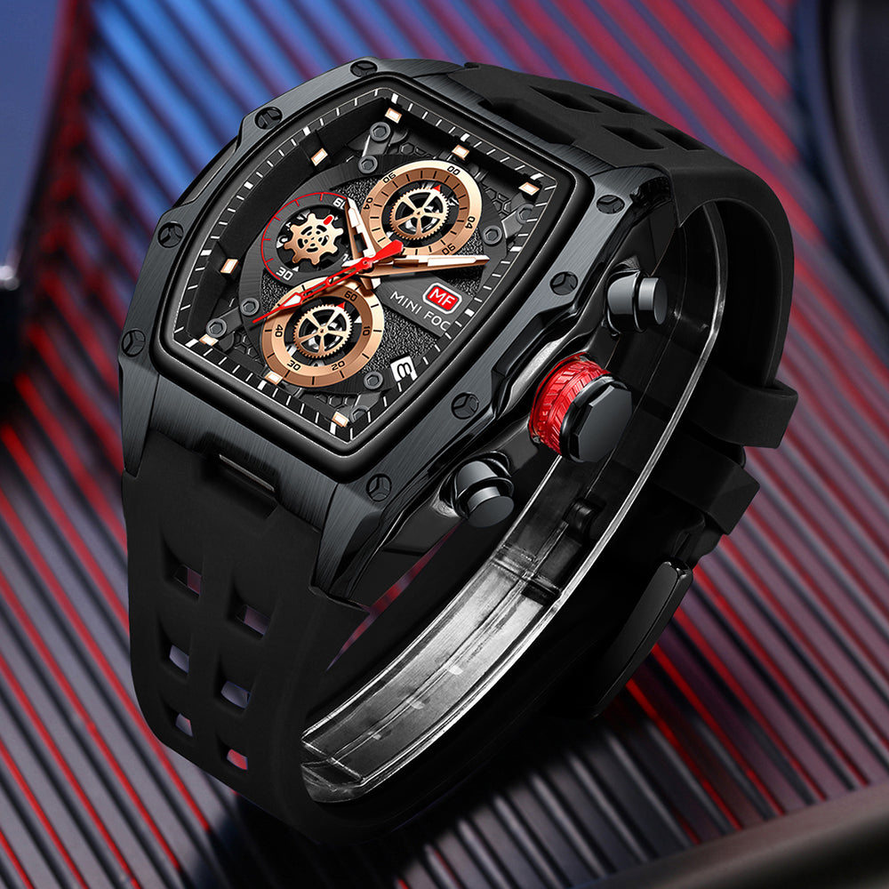 Mini Focus MF0473G.05 Tonneau Shaped Black Skeleton Chronograph Watch for Men with Date display