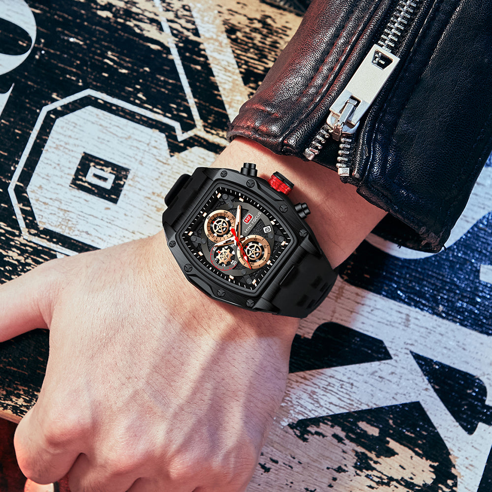 Mini Focus MF0473G.05 Tonneau Shaped Black Skeleton Chronograph Watch for Men with Date display