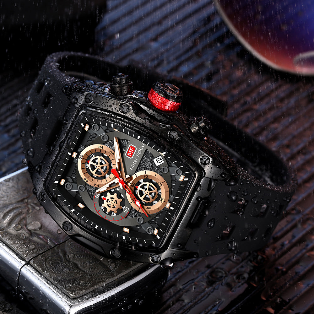 Mini Focus MF0473G.05 Tonneau Shaped Black Skeleton Chronograph Watch for Men with Date display
