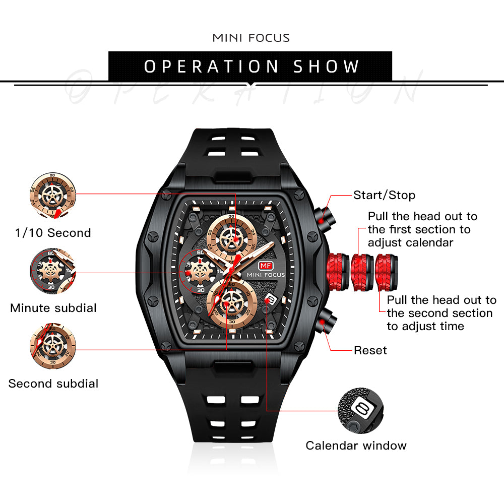 Mini Focus MF0473G.05 Tonneau Shaped Black Skeleton Chronograph Watch for Men with Date display