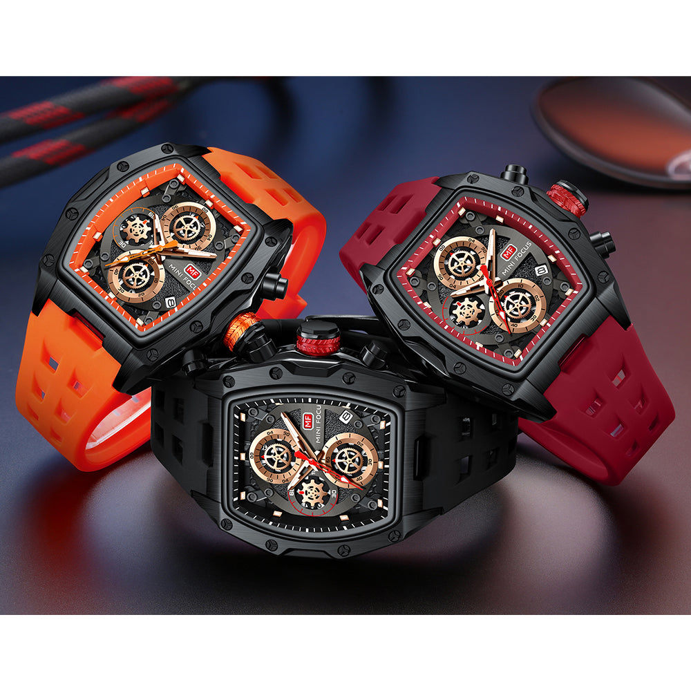 Mini Focus MF0473G.05 Tonneau Shaped Black Skeleton Chronograph Watch for Men with Date display