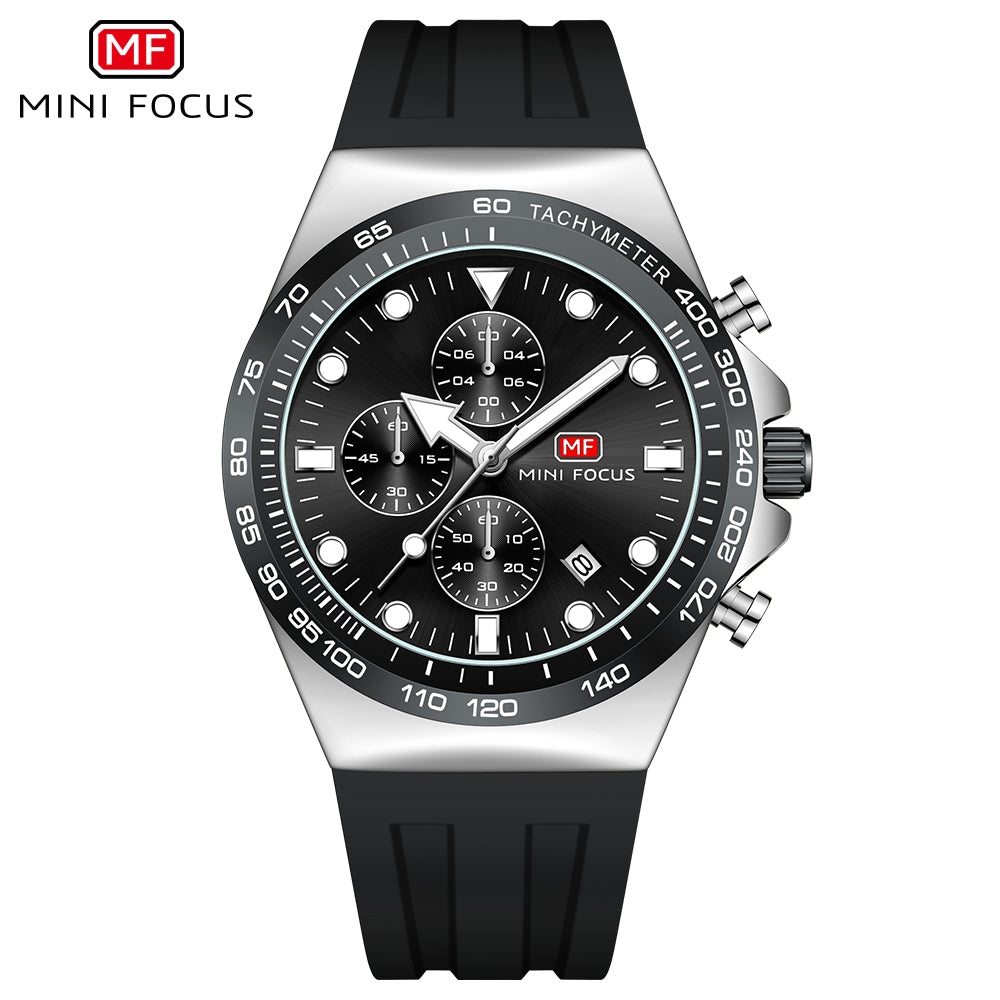 Mini Focus MF0488G.01 Sports Watch for Men Black Silicon Belt with Stainless Steel Case Tachymeter Chronograph with Date Display
