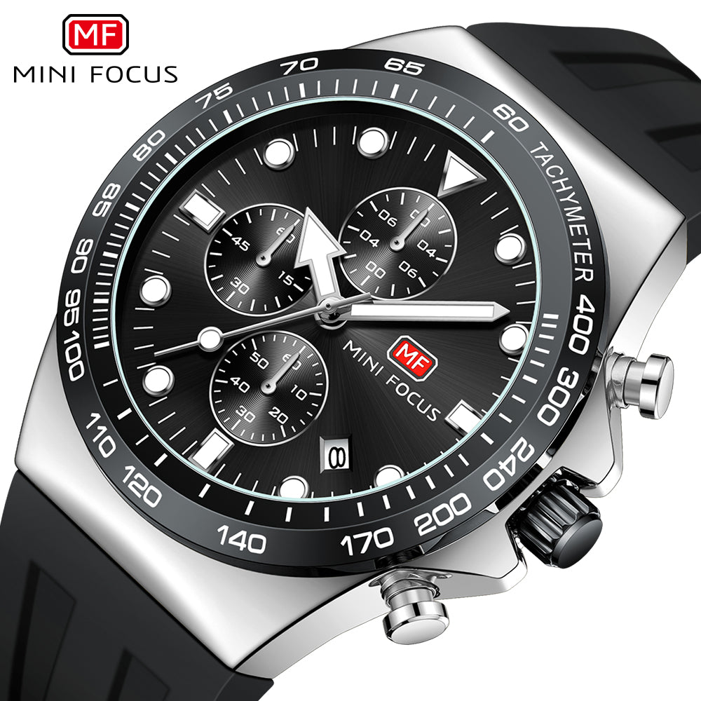 Mini Focus MF0488G.01 Sports Watch for Men Black Silicon Belt with Stainless Steel Case Tachymeter Chronograph with Date Display