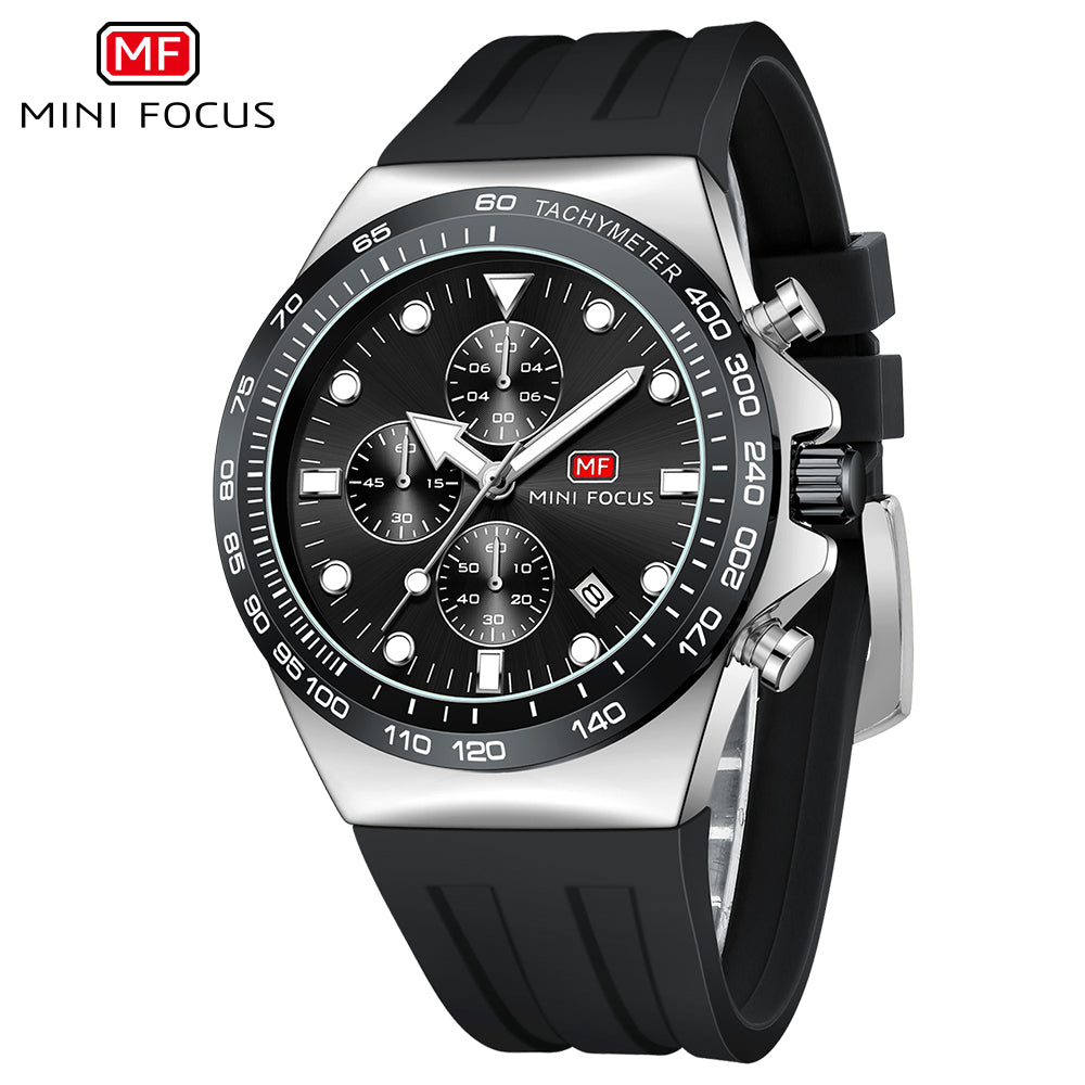 Mini Focus MF0488G.01 Sports Watch for Men Black Silicon Belt with Stainless Steel Case Tachymeter Chronograph with Date Display