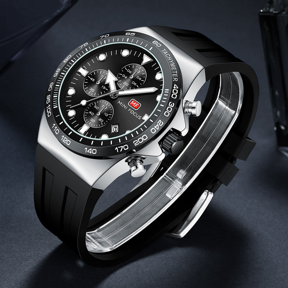 Mini Focus MF0488G.01 Sports Watch for Men Black Silicon Belt with Stainless Steel Case Tachymeter Chronograph with Date Display