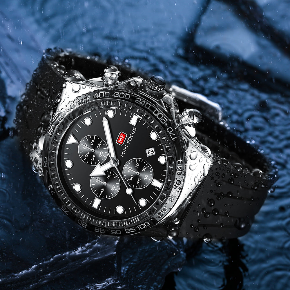 Mini Focus MF0488G.01 Sports Watch for Men Black Silicon Belt with Stainless Steel Case Tachymeter Chronograph with Date Display