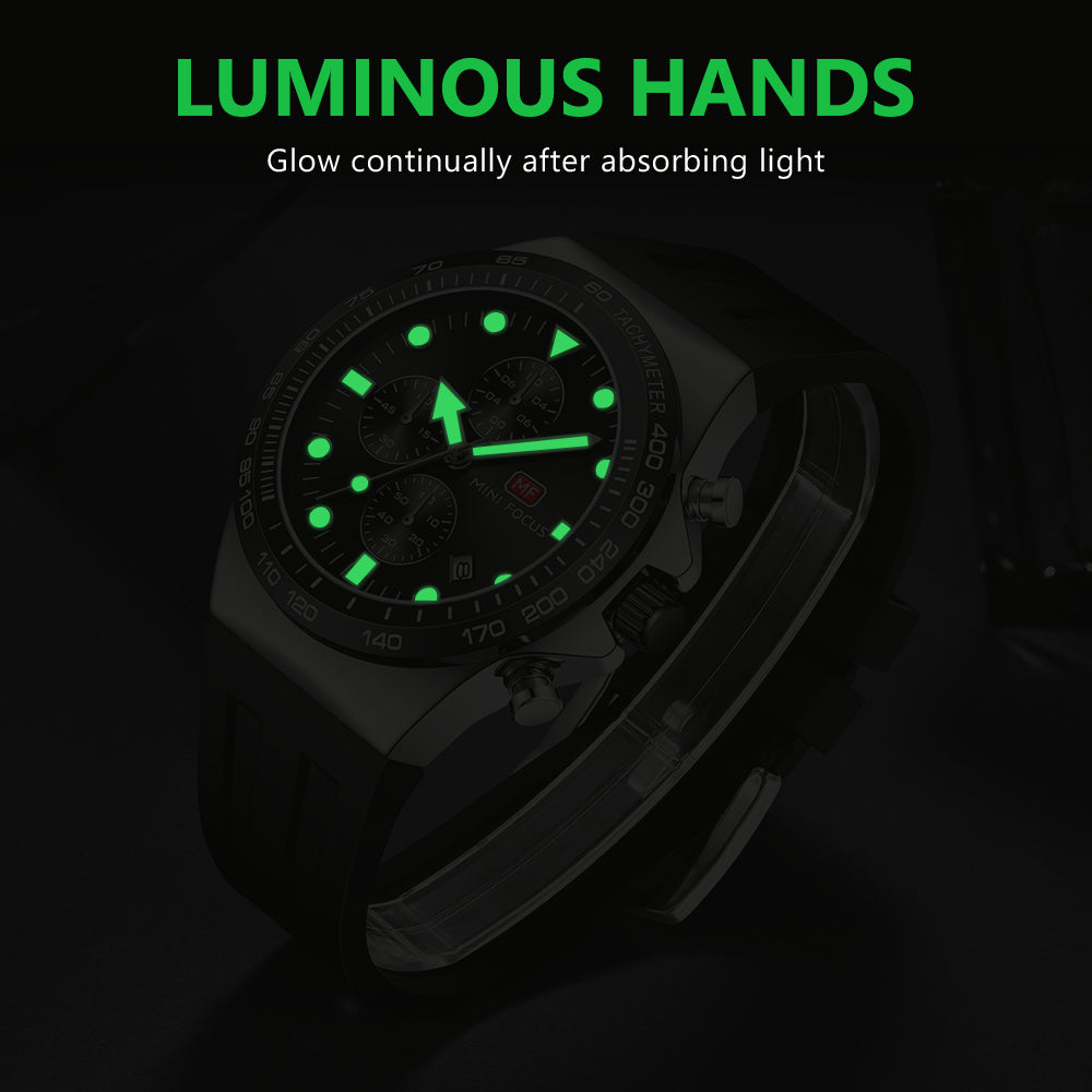 Mini Focus MF0488G.01 Sports Watch for Men Black Silicon Belt with Stainless Steel Case Tachymeter Chronograph with Date Display