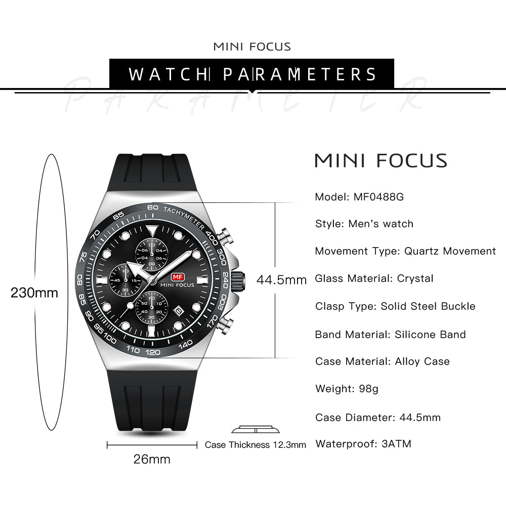 Mini Focus MF0488G.01 Sports Watch for Men Black Silicon Belt with Stainless Steel Case Tachymeter Chronograph with Date Display