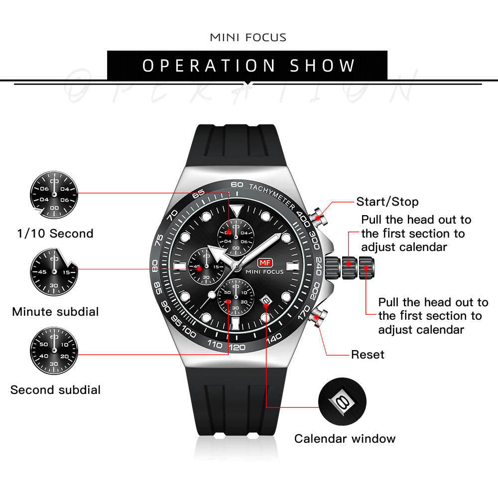 Mini Focus MF0488G.01 Sports Watch for Men Black Silicon Belt with Stainless Steel Case Tachymeter Chronograph with Date Display