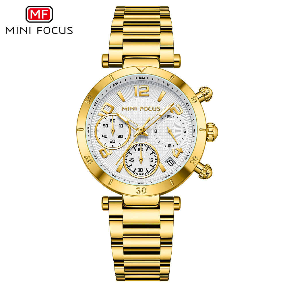 Mini Focus MF0489L.03 Gold Watch with White Chronograph Dial for ladies