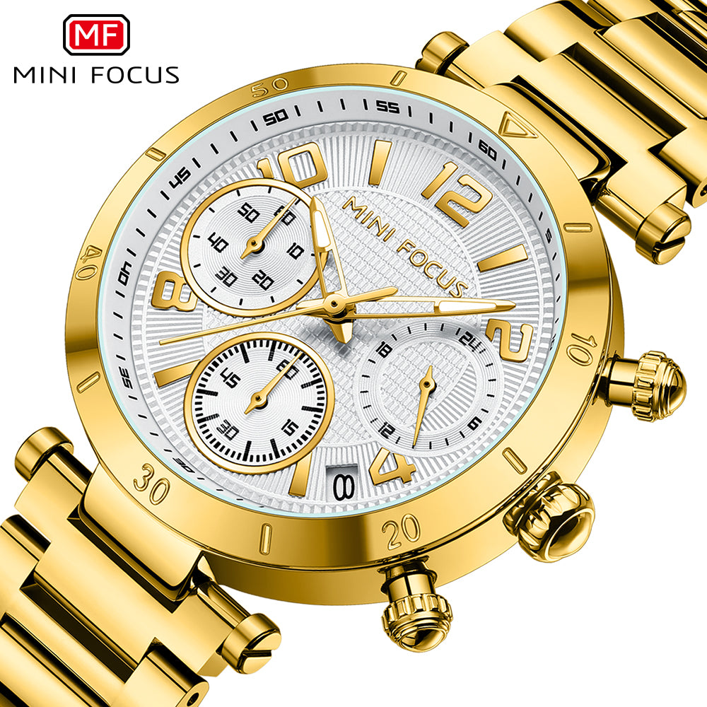 Mini Focus MF0489L.03 Gold Watch with White Chronograph Dial for ladies