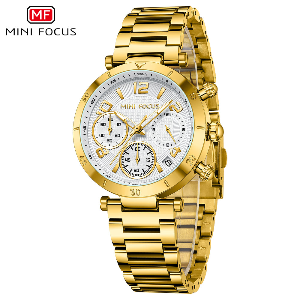 Mini Focus MF0489L.03 Gold Watch with White Chronograph Dial for ladies