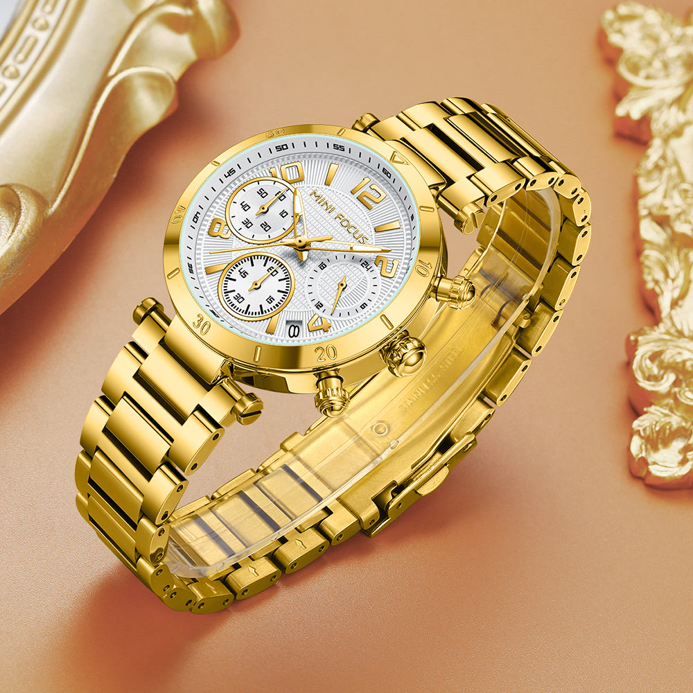 Mini Focus MF0489L.03 Gold Watch with White Chronograph Dial for ladies