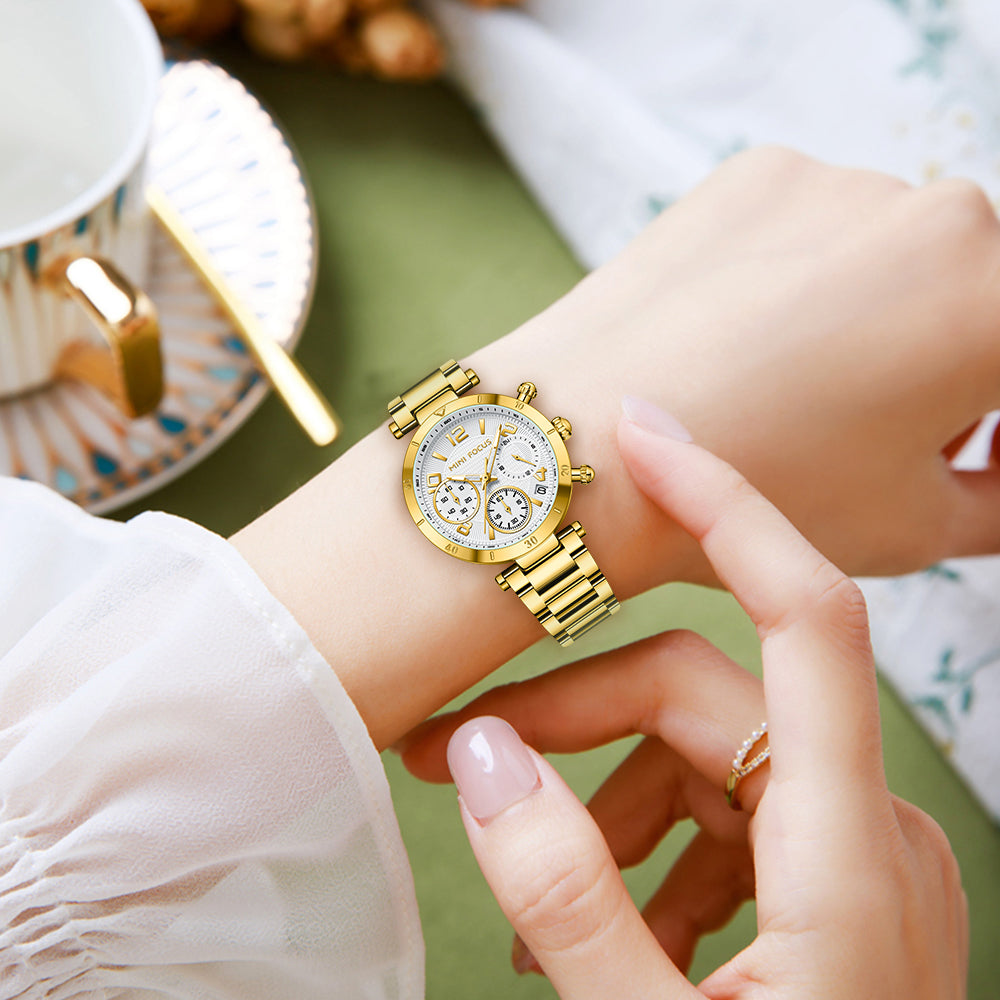 Mini Focus MF0489L.03 Gold Watch with White Chronograph Dial for ladies