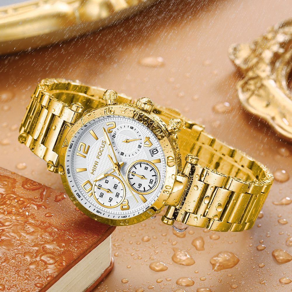 Mini Focus MF0489L.03 Gold Watch with White Chronograph Dial for ladies