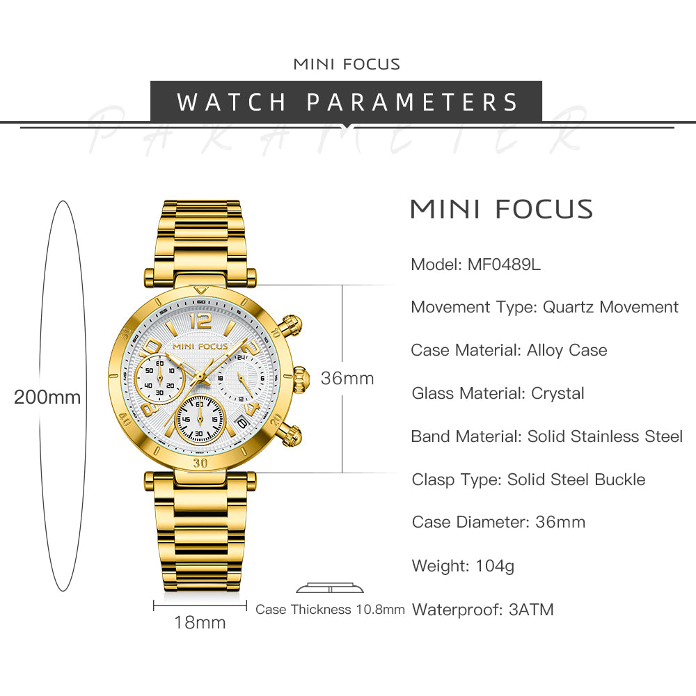 Mini Focus MF0489L.03 Gold Watch with White Chronograph Dial for ladies