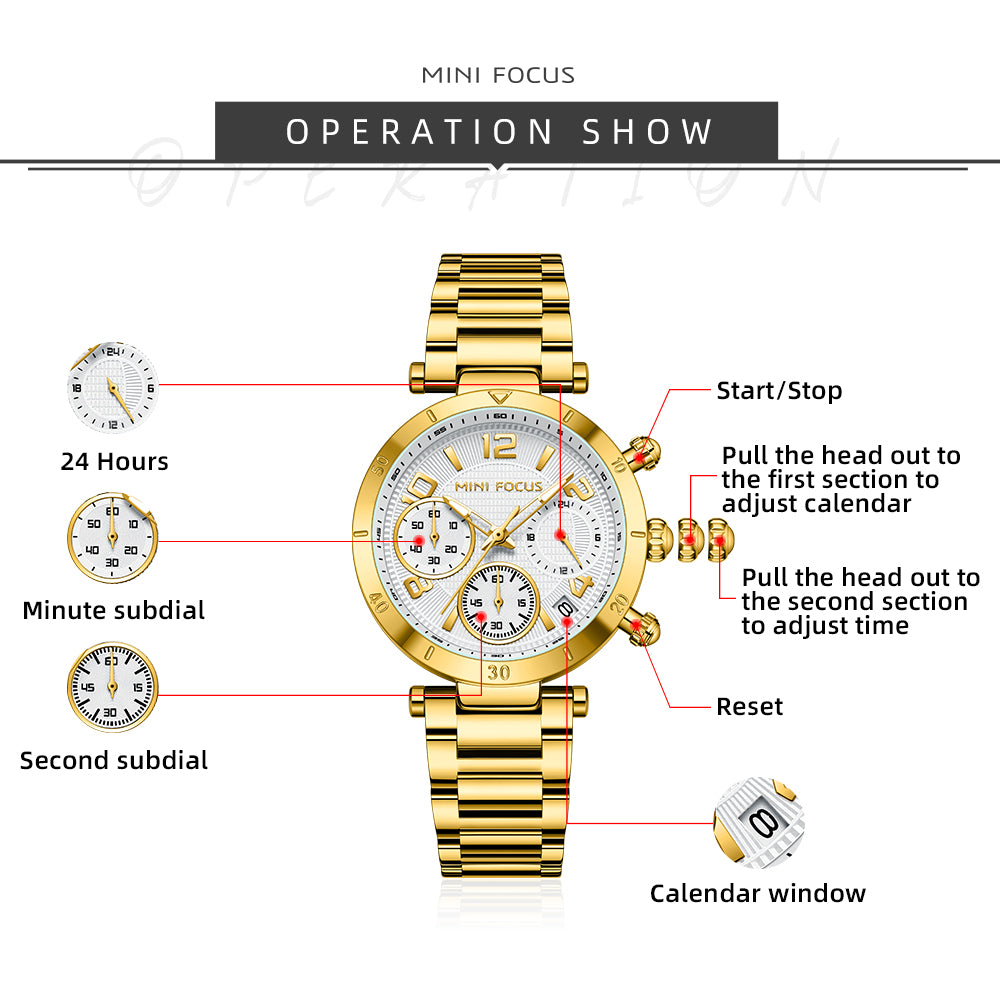 Mini Focus MF0489L.03 Gold Watch with White Chronograph Dial for ladies