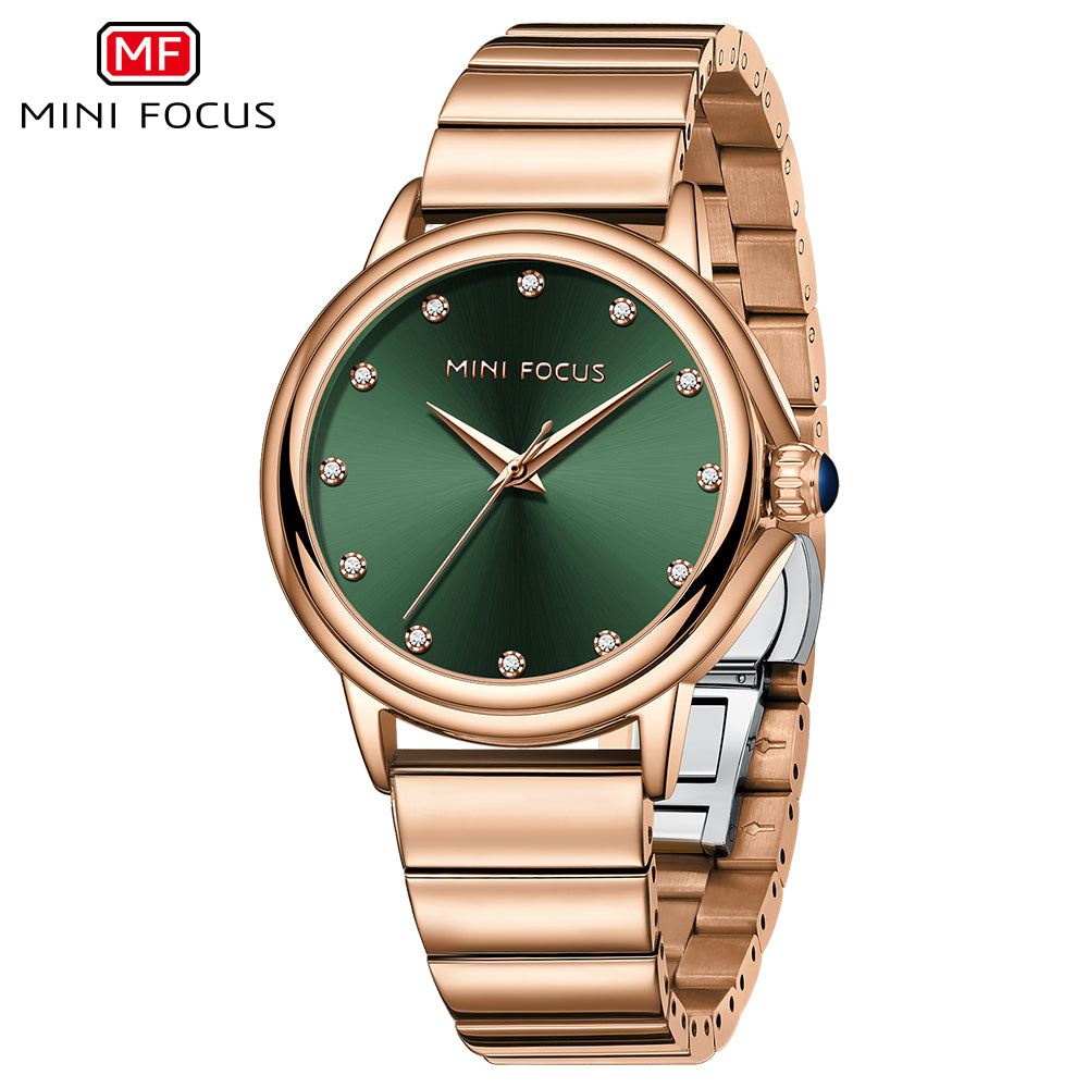 Mini Focus MF0493L.03 Rose Gold Watch with Diamond Studded Green Dial for Women