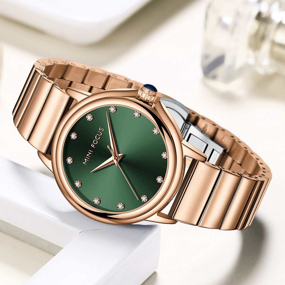 Mini Focus MF0493L.03 Rose Gold Watch with Diamond Studded Green Dial for Women