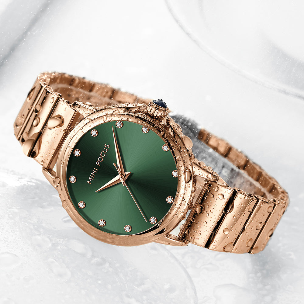 Mini Focus MF0493L.03 Rose Gold Watch with Diamond Studded Green Dial for Women
