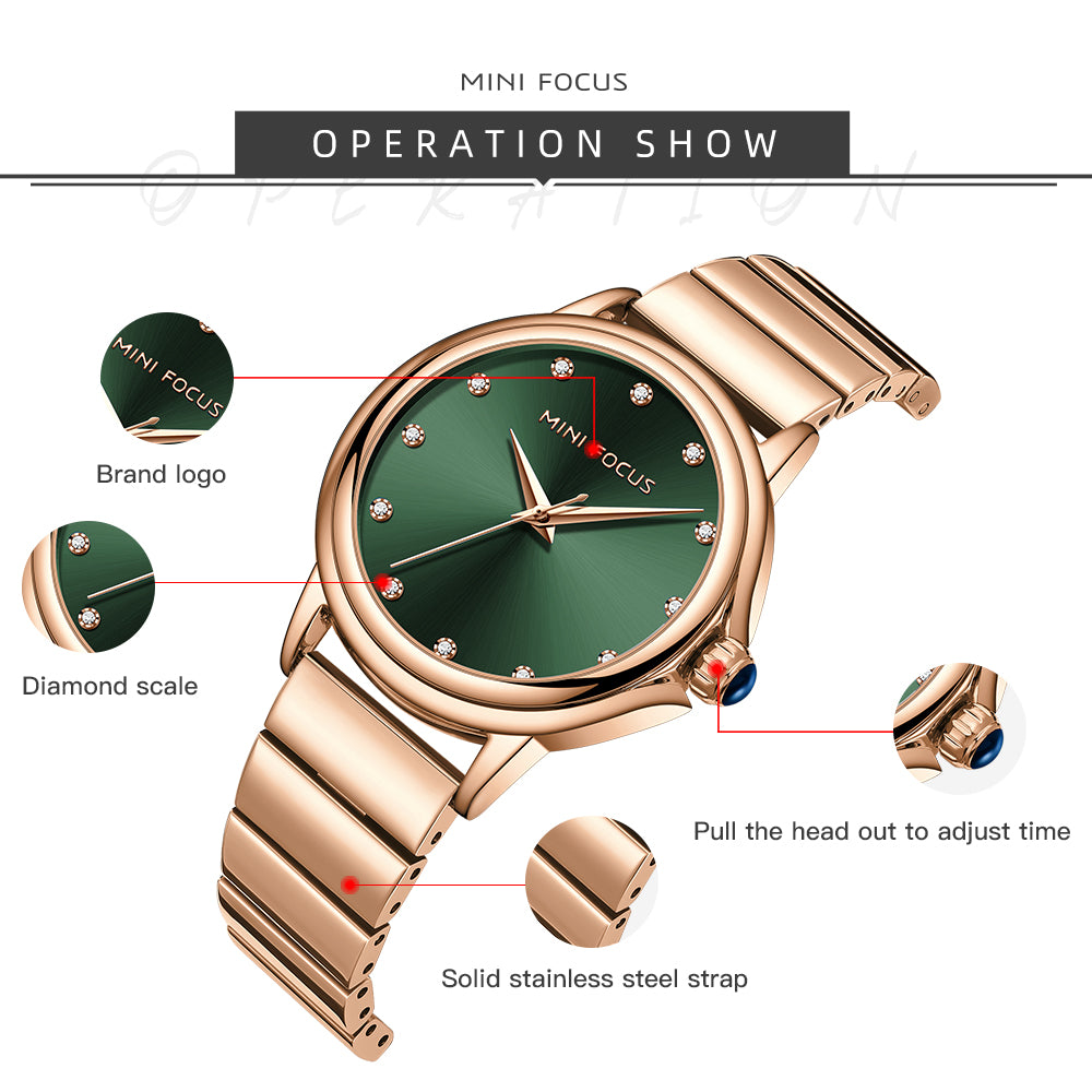 Mini Focus MF0493L.03 Rose Gold Watch with Diamond Studded Green Dial for Women