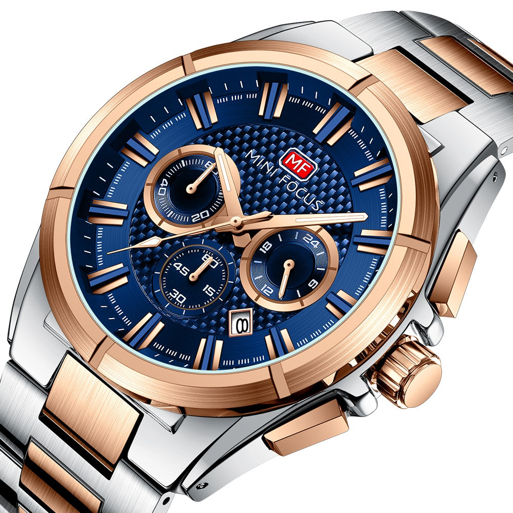 Two Tone and Blue Chronograph Metal Watch for Men