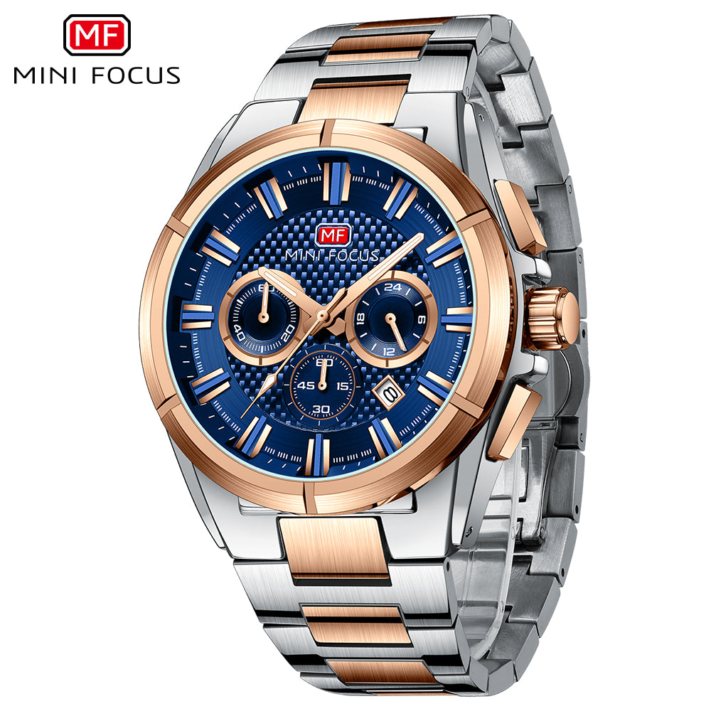 Two Tone and Blue Chronograph Metal Watch for Men