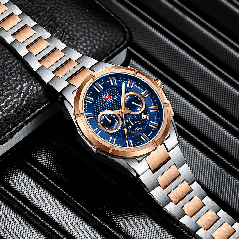 Two Tone and Blue Chronograph Metal Watch for Men