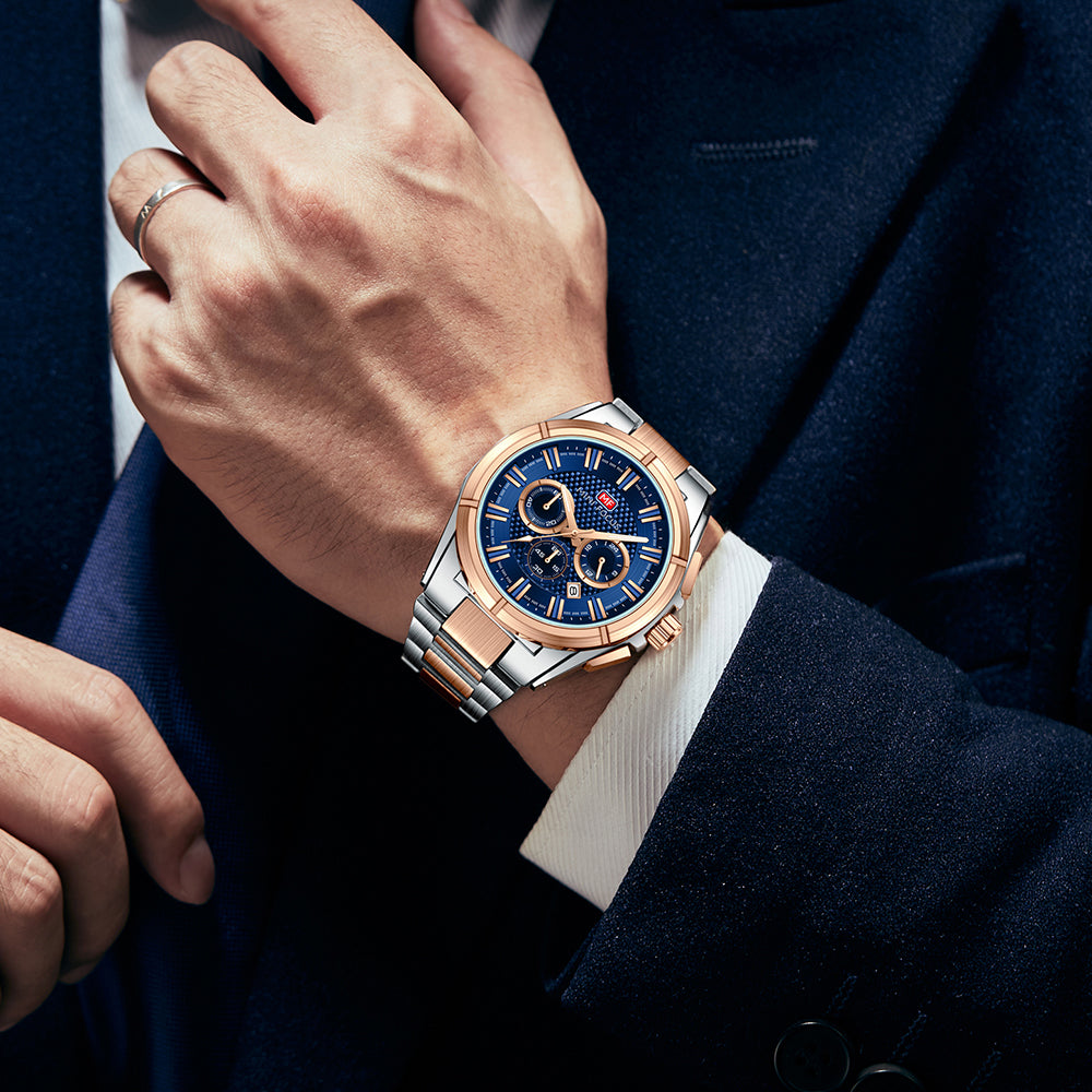 Two Tone and Blue Chronograph Metal Watch for Men