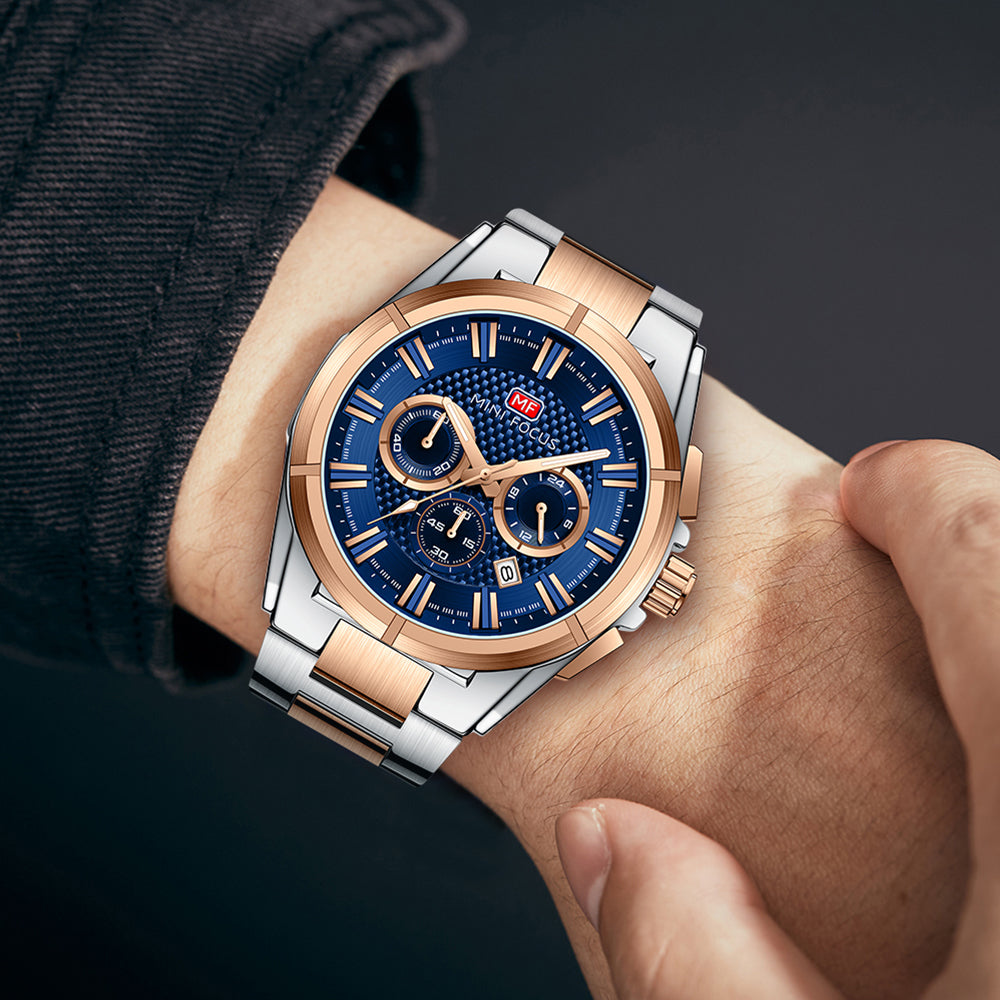 Two Tone and Blue Chronograph Metal Watch for Men