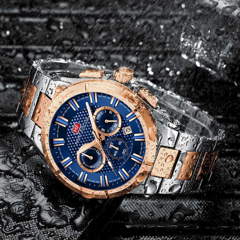 Two Tone and Blue Chronograph Metal Watch for Men