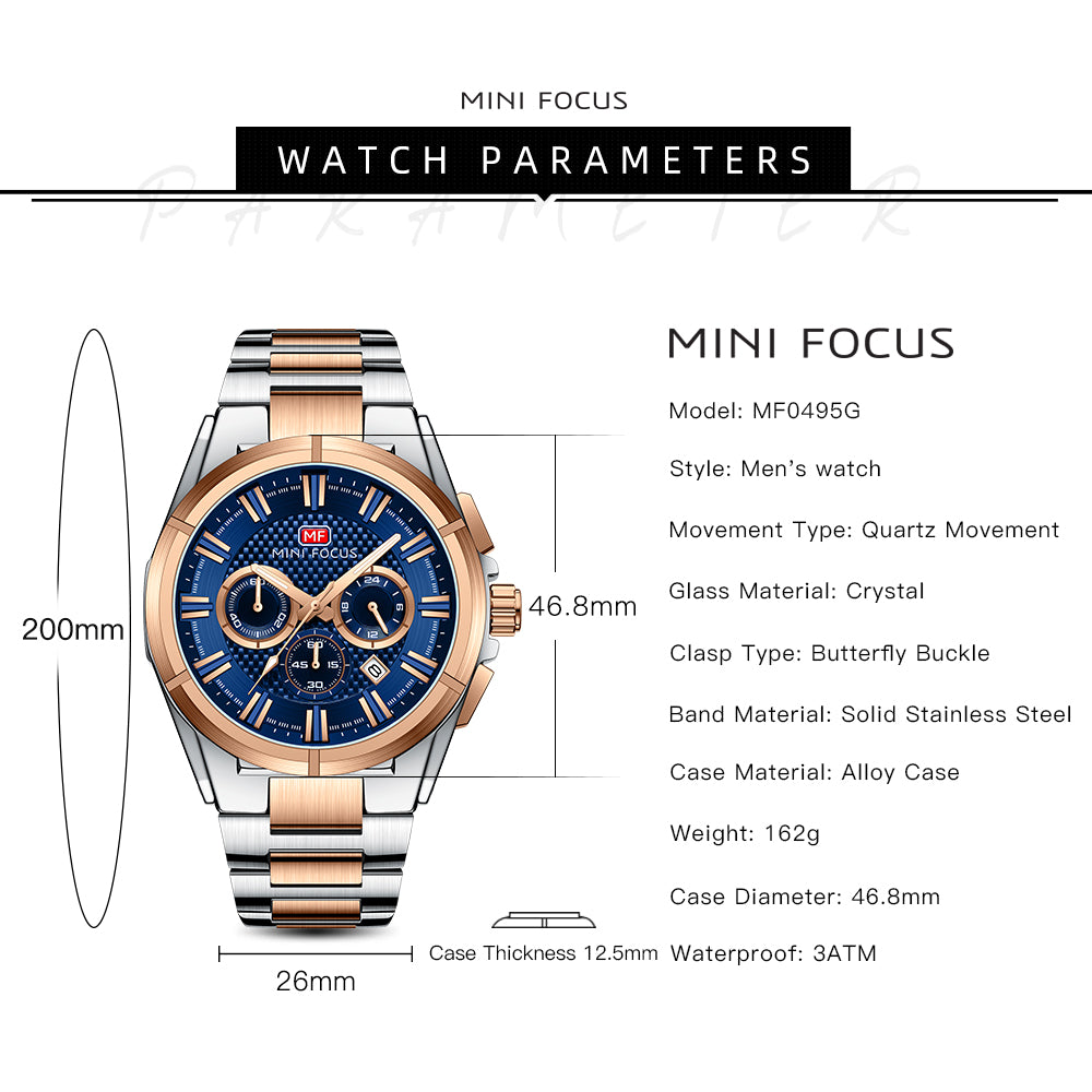 Two Tone and Blue Chronograph Metal Watch for Men