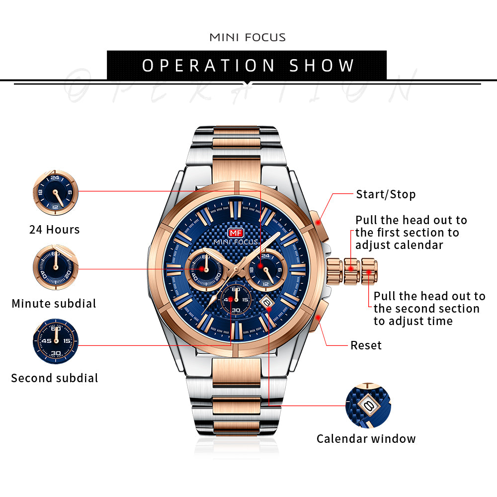 Two Tone and Blue Chronograph Metal Watch for Men
