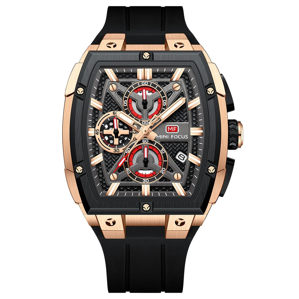 Mini Focus MF0602G.01 Men's Rose Gold & Black Chronograph Silicone Strap Watch
