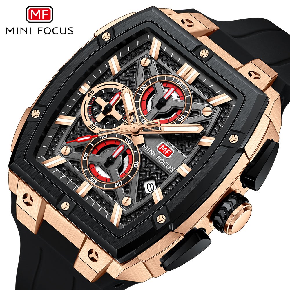 Mini Focus MF0602G.01 Men's Rose Gold & Black Chronograph Silicone Strap Watch