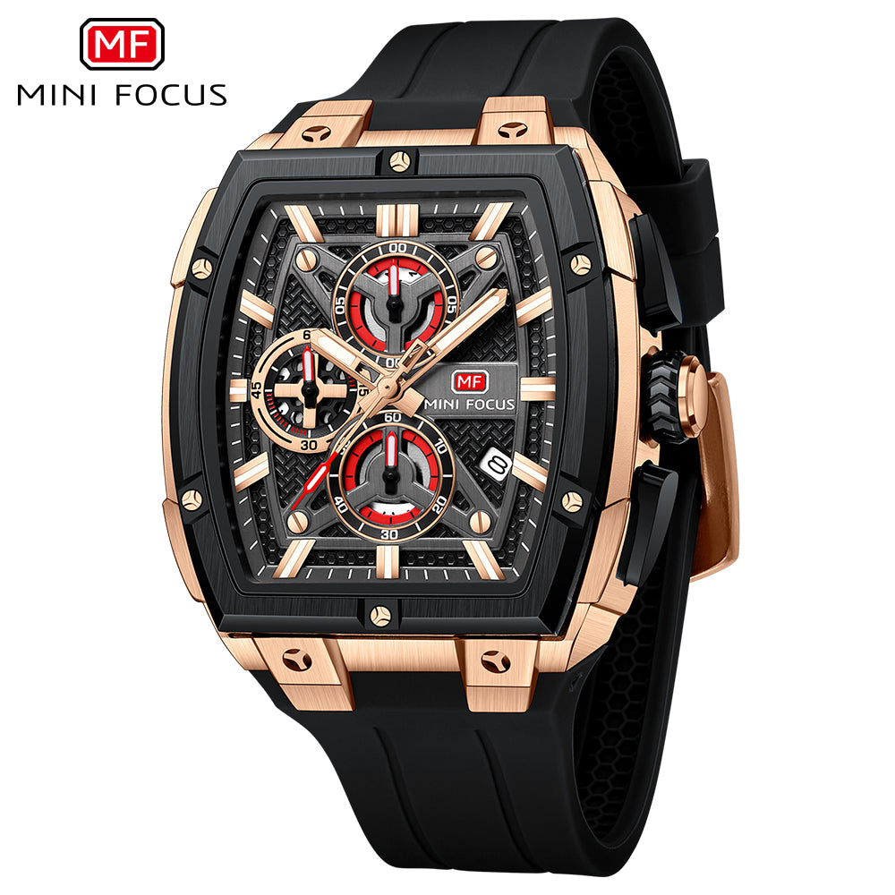 Mini Focus MF0602G.01 Men's Rose Gold & Black Chronograph Silicone Strap Watch