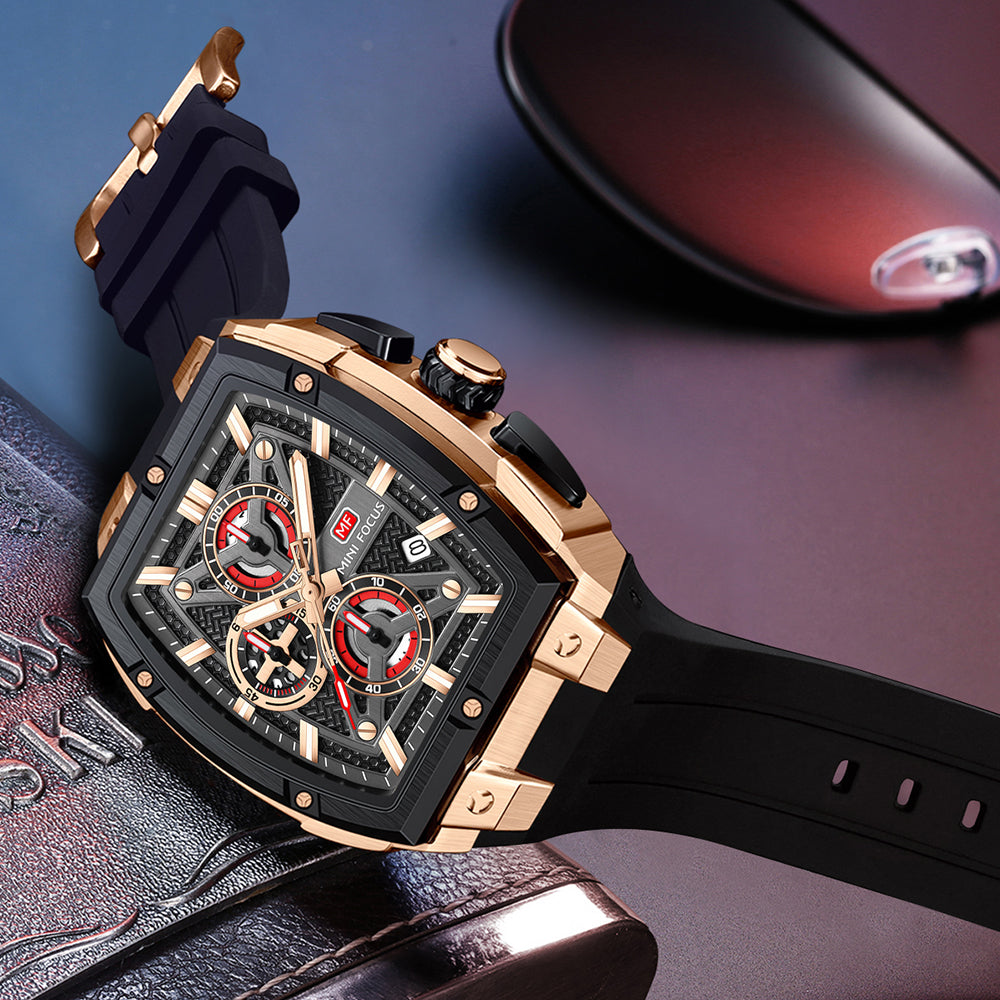 Mini Focus MF0602G.01 Men's Rose Gold & Black Chronograph Silicone Strap Watch