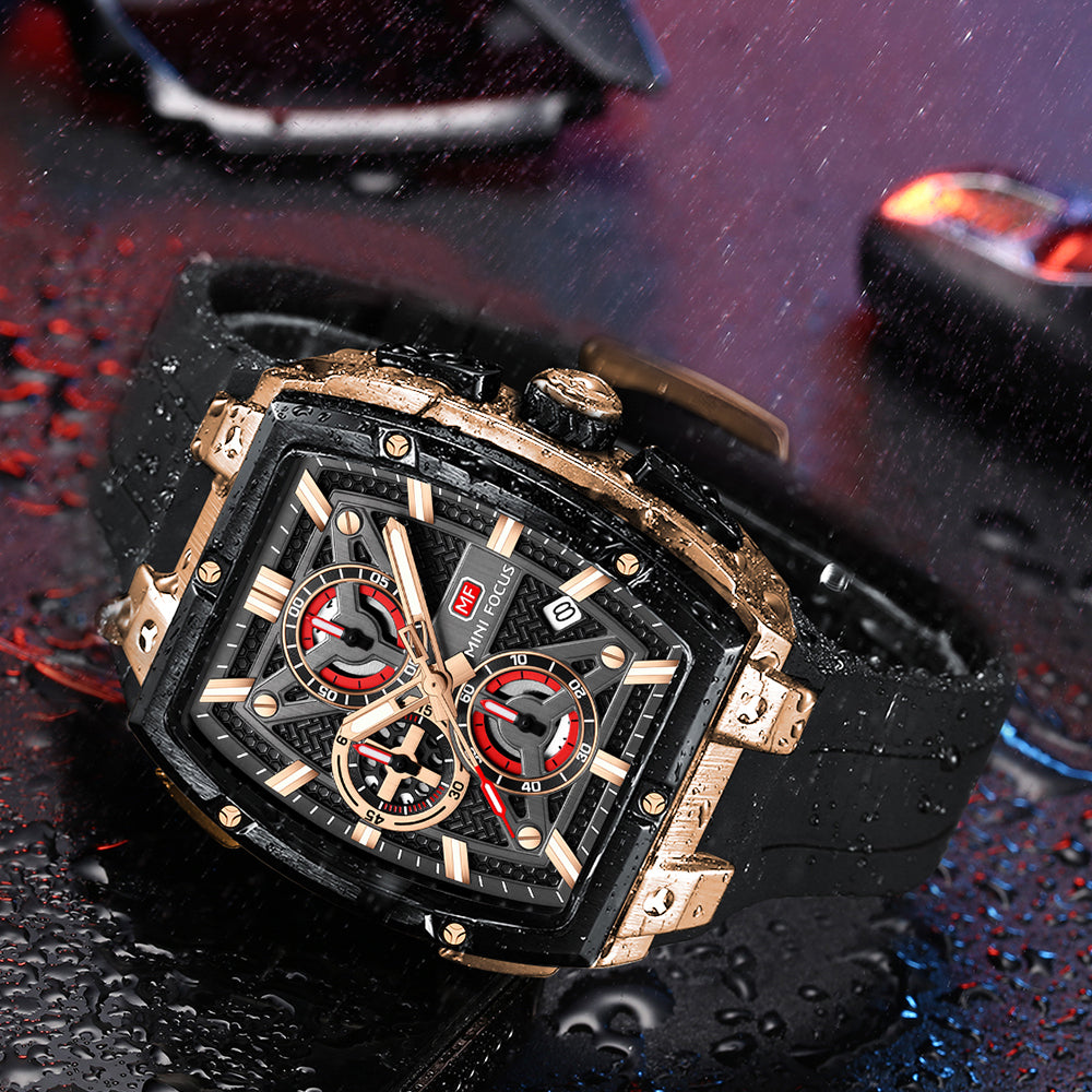 Mini Focus MF0602G.01 Men's Rose Gold & Black Chronograph Silicone Strap Watch