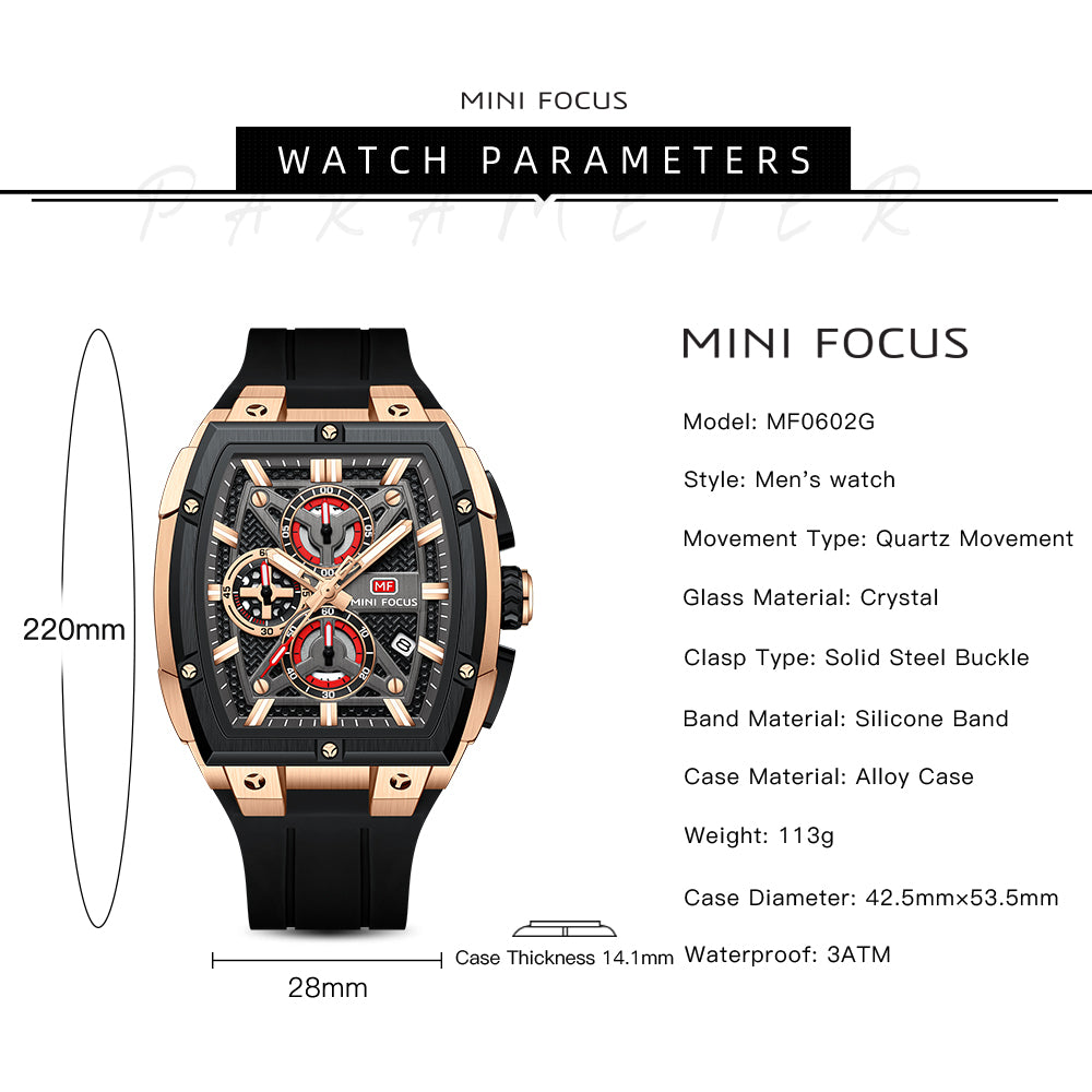 Mini Focus MF0602G.01 Men's Rose Gold & Black Chronograph Silicone Strap Watch
