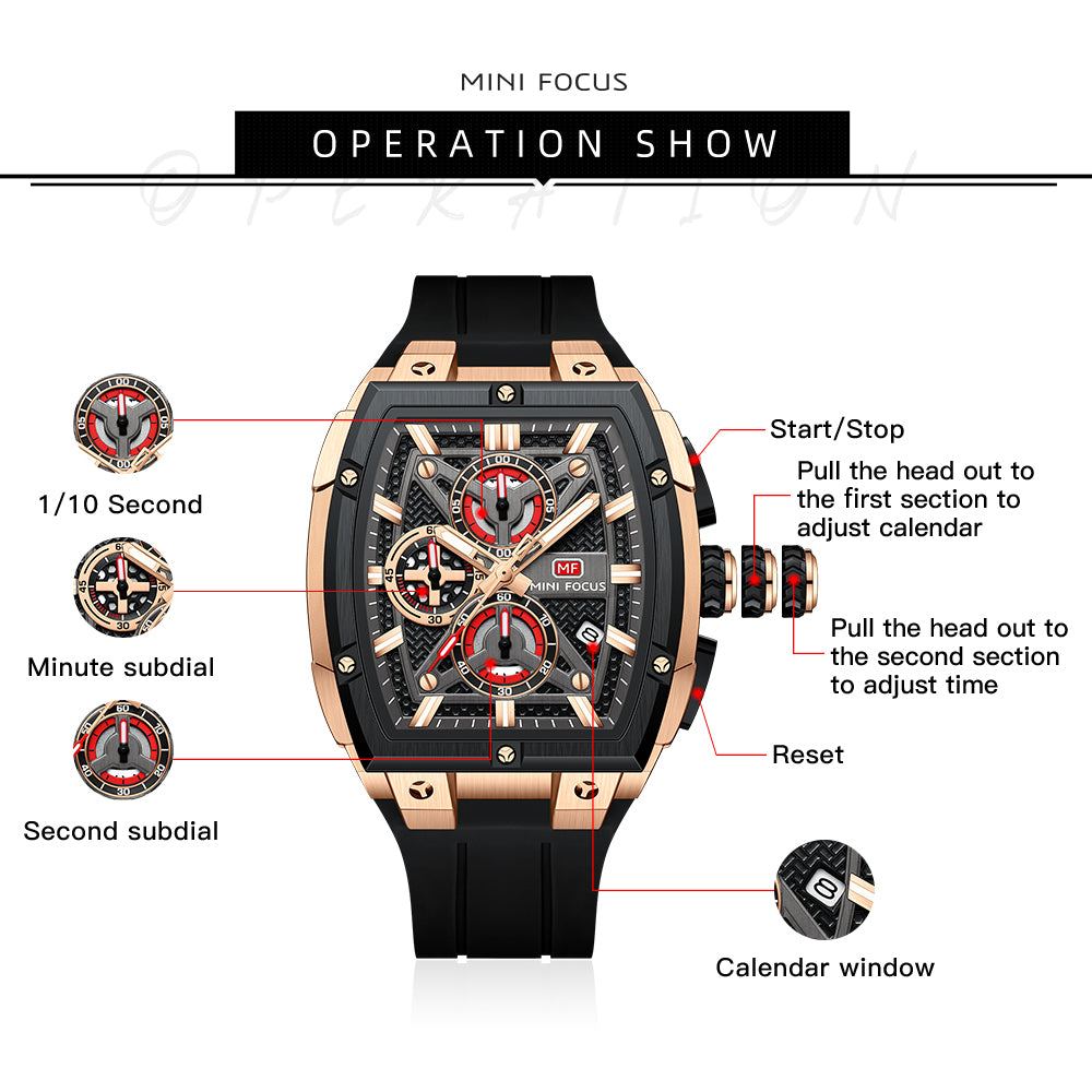 Mini Focus MF0602G.01 Men's Rose Gold & Black Chronograph Silicone Strap Watch