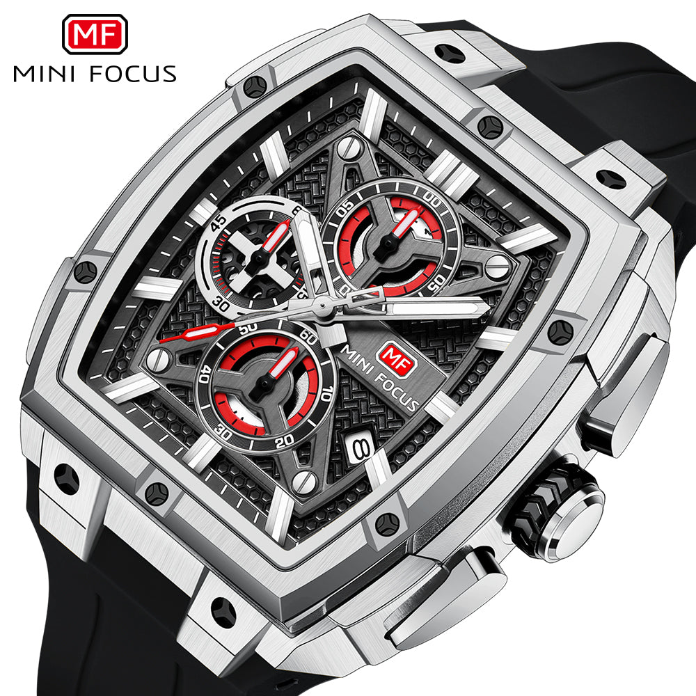 Silver & Black Silicone Strap Chronograph Watch for Men