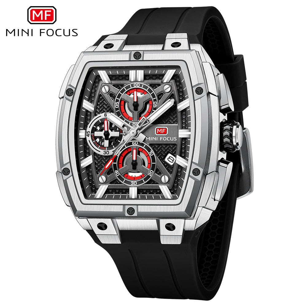 Silver & Black Silicone Strap Chronograph Watch for Men